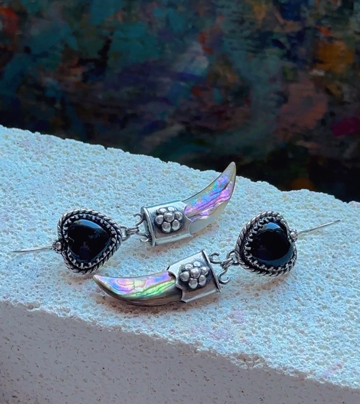 Black Onyx Heart & Abalone Tusk Earrings