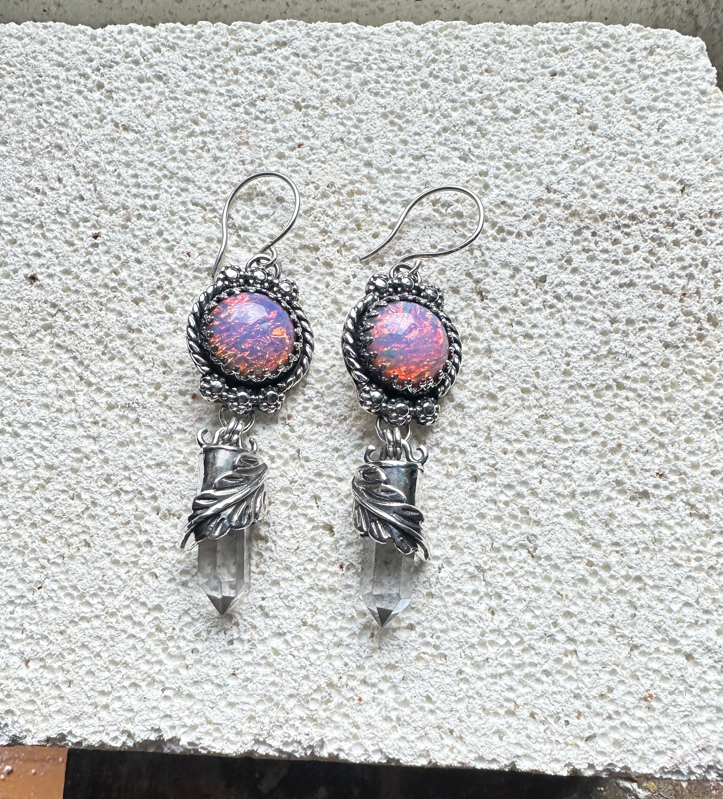 Czech Fire Opal & Crystal Point Earrings