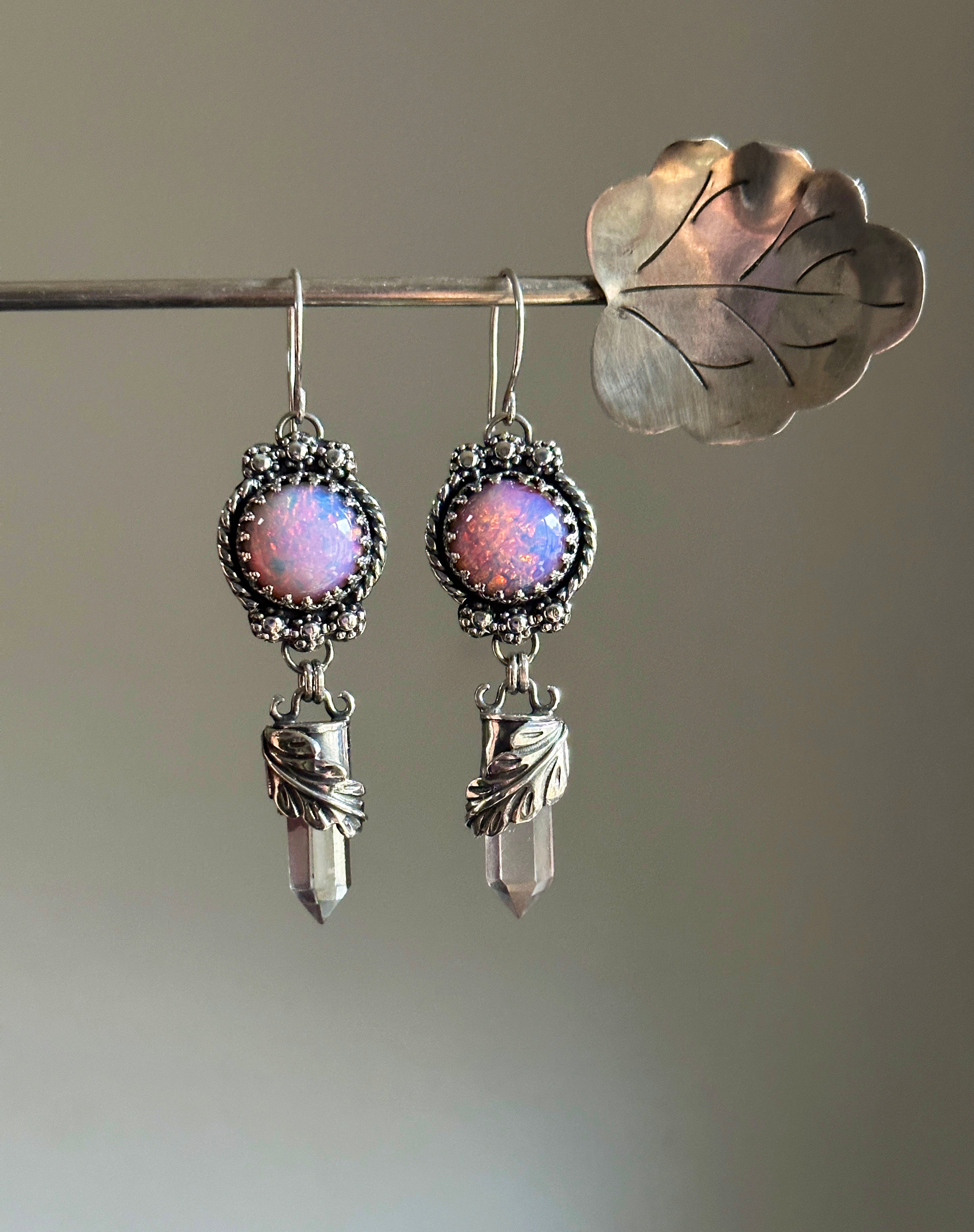Czech Fire Opal & Crystal Point Earrings