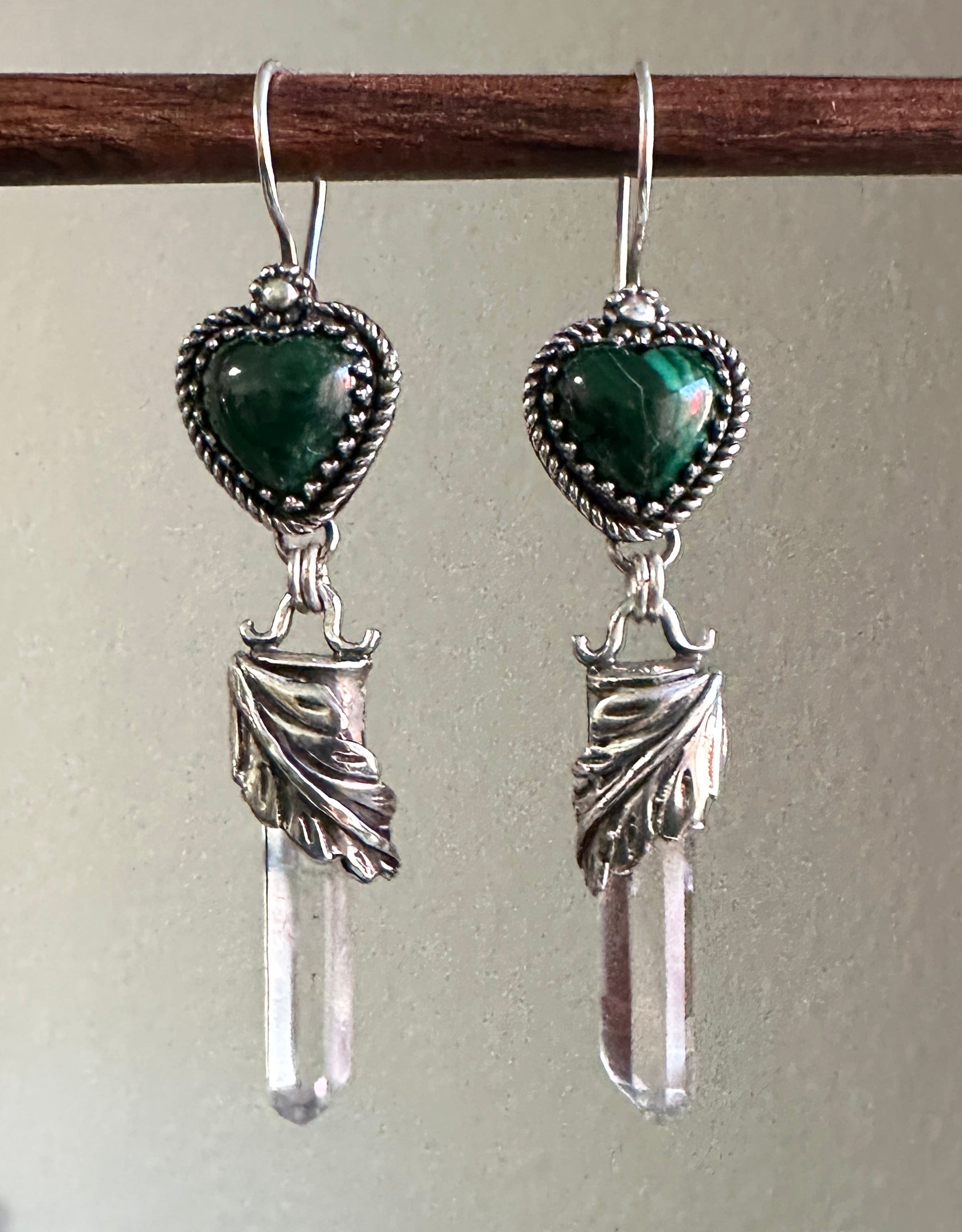 Malachite Heart & Crystal Point Earrings