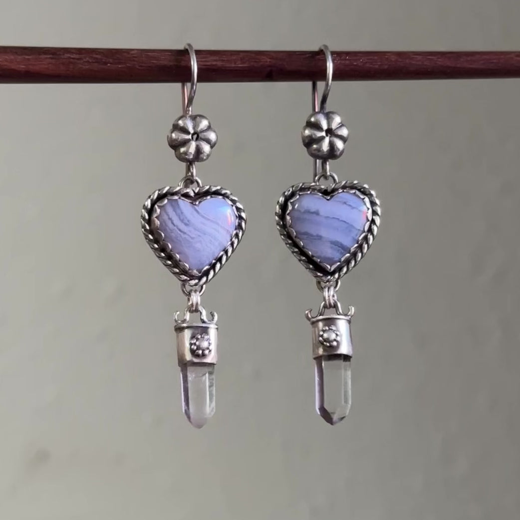 Blue Lace Agate & Crystal Point Earrings