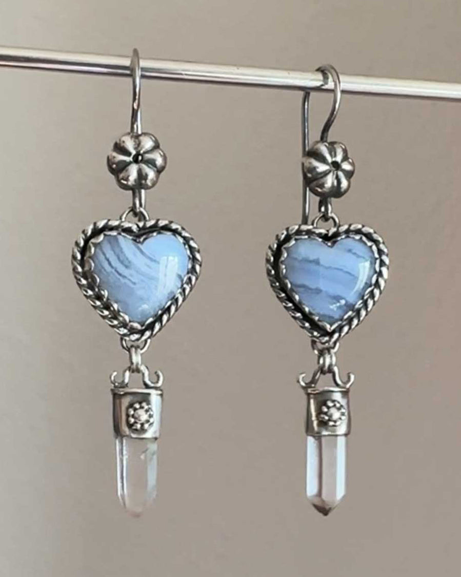 Blue Lace Agate & Crystal Point Earrings